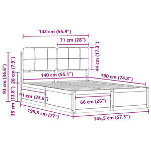 Sängram med Klädd Huvudgavel Ljusgrå 140 x 190 cm Massiv furu