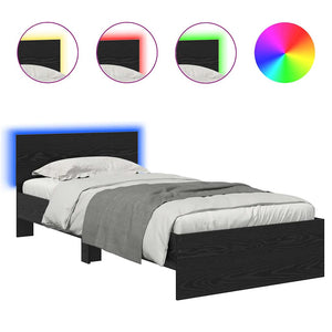 Sängram med LED -remsljus Svart Ek 90 x 200 cm Konstruerat trä