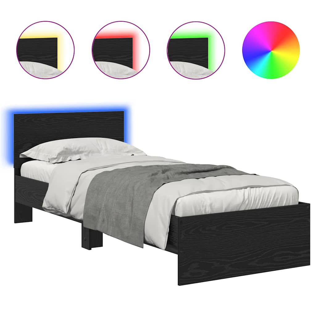 Sängram med LED -remsljus Svart Ek 75 x 190 cm Konstruerat trä