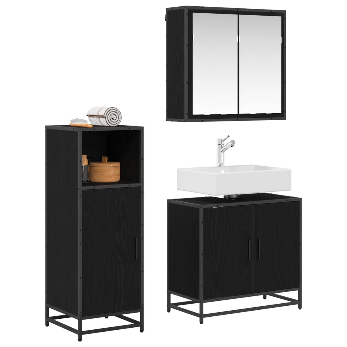 Badrumsmöbelset 3 st Svart Ek 60 x 33 x 60 cm Konstruerat trä