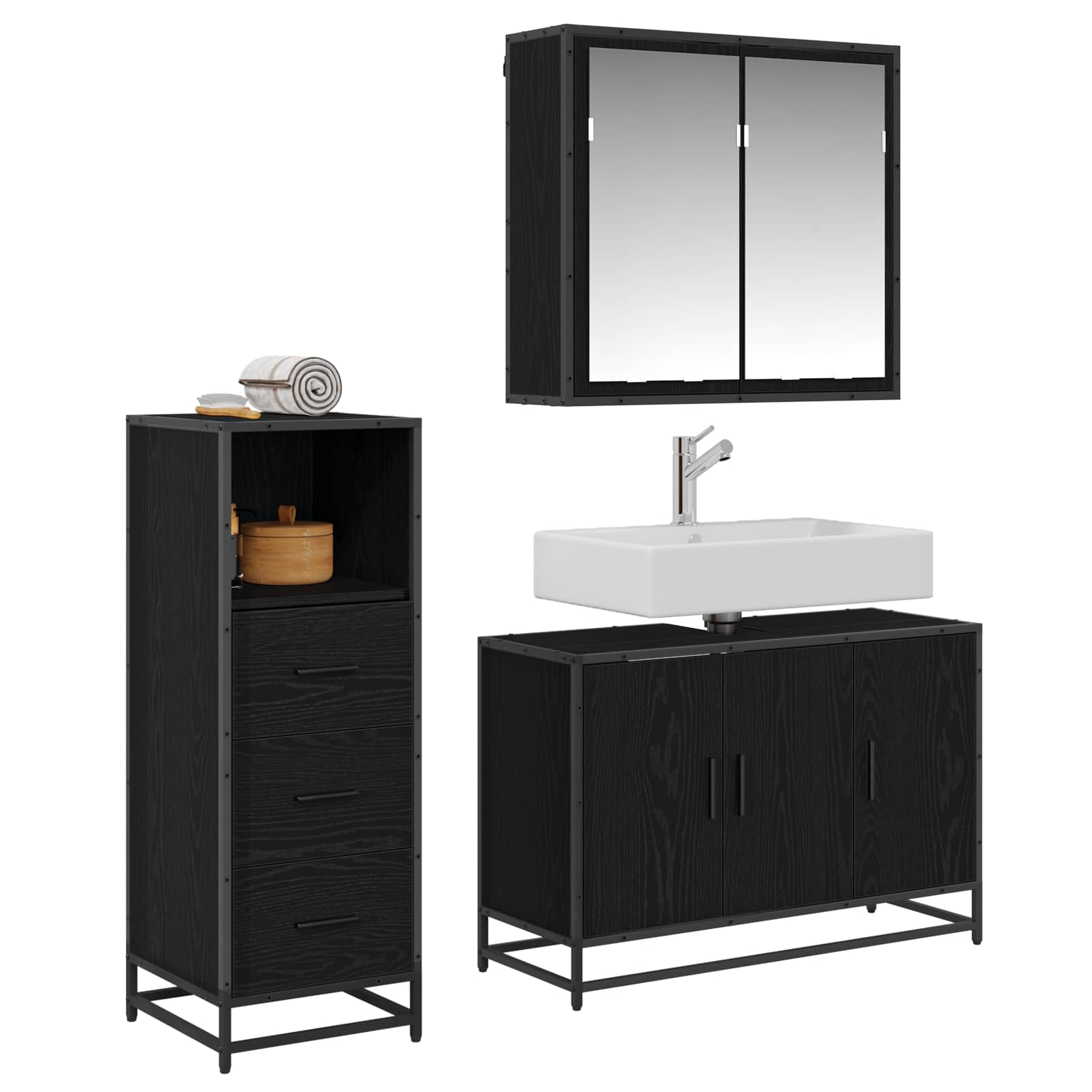 Badrumsmöbelset 3 st Svart Ek 90 x 33 x 60 cm Konstruerat trä