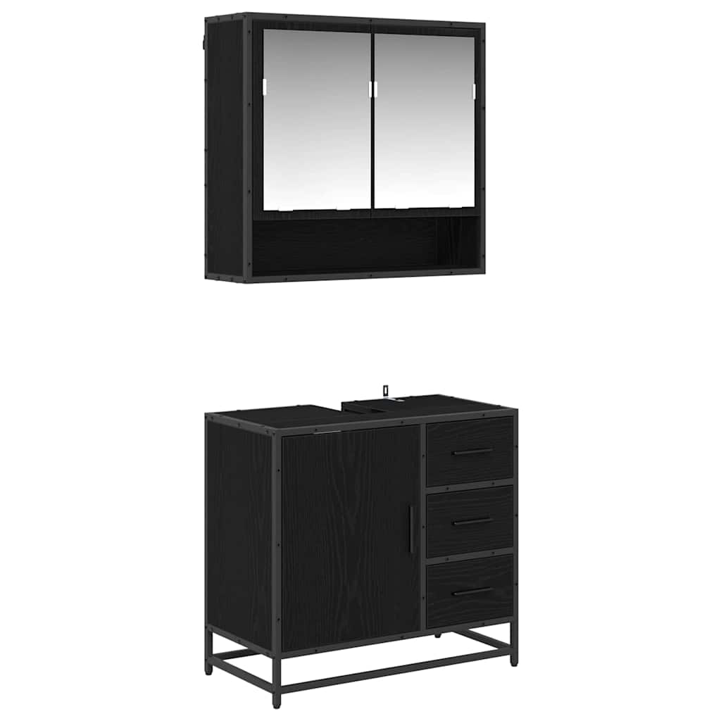 Badrumsmöbelset med låda 2 pcs Svart Ek Konstruerat trä