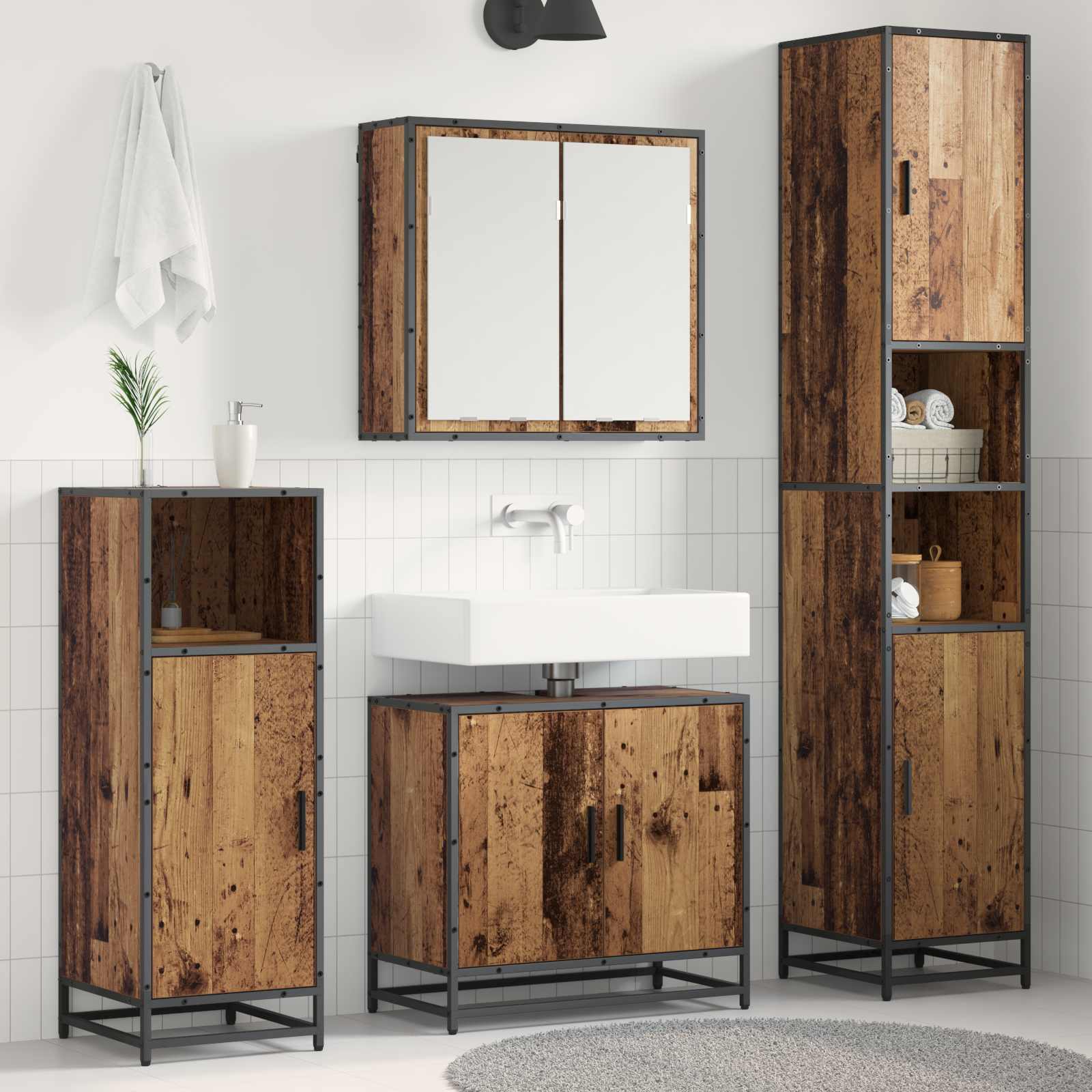 Badrumsmöbelset med hylla 3 pcs Gammalt trä Konstruerat trä