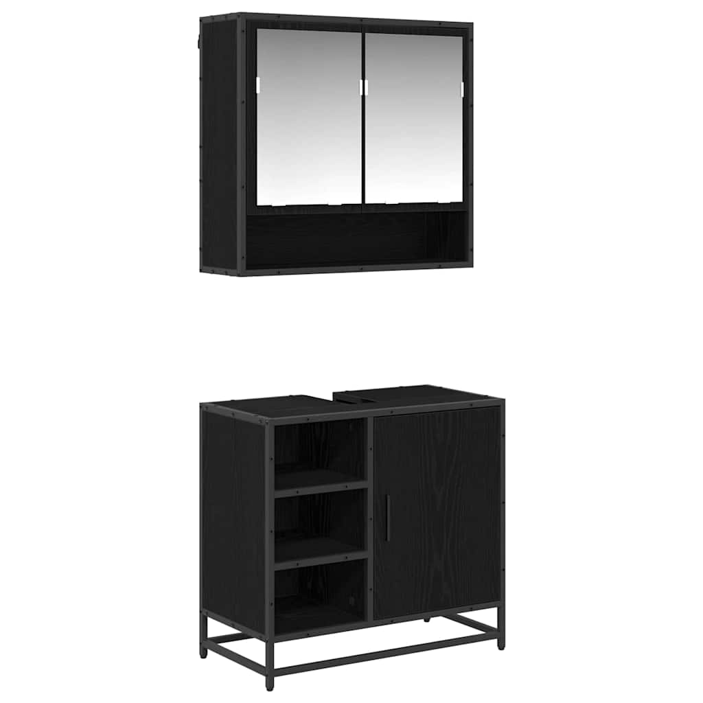 Badrumsmöbelset med låda 2 pcs Svart Ek Konstruerat trä