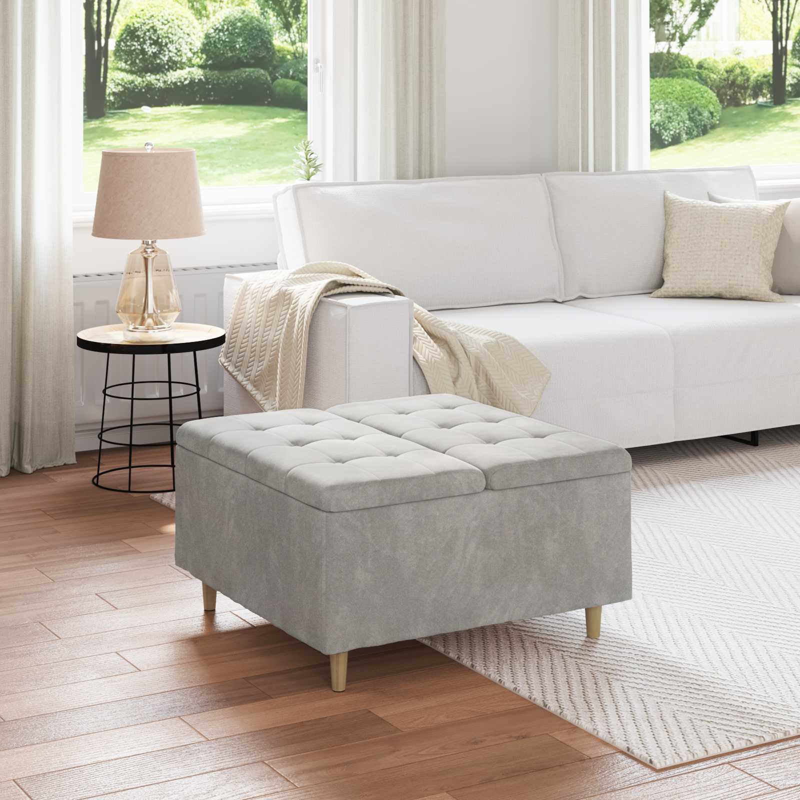 Ottoman med förvaring Ljusgrå 80 x 80 x 45 cm Sammet