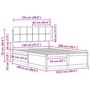 Sängram med Klädd Huvudgavel Ljusgrå 120 x 200 cm Massiv furu