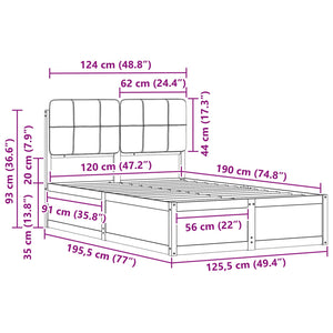 Sängram med Klädd Huvudgavel Ljusgrå 120 x 190 cm Massiv furu