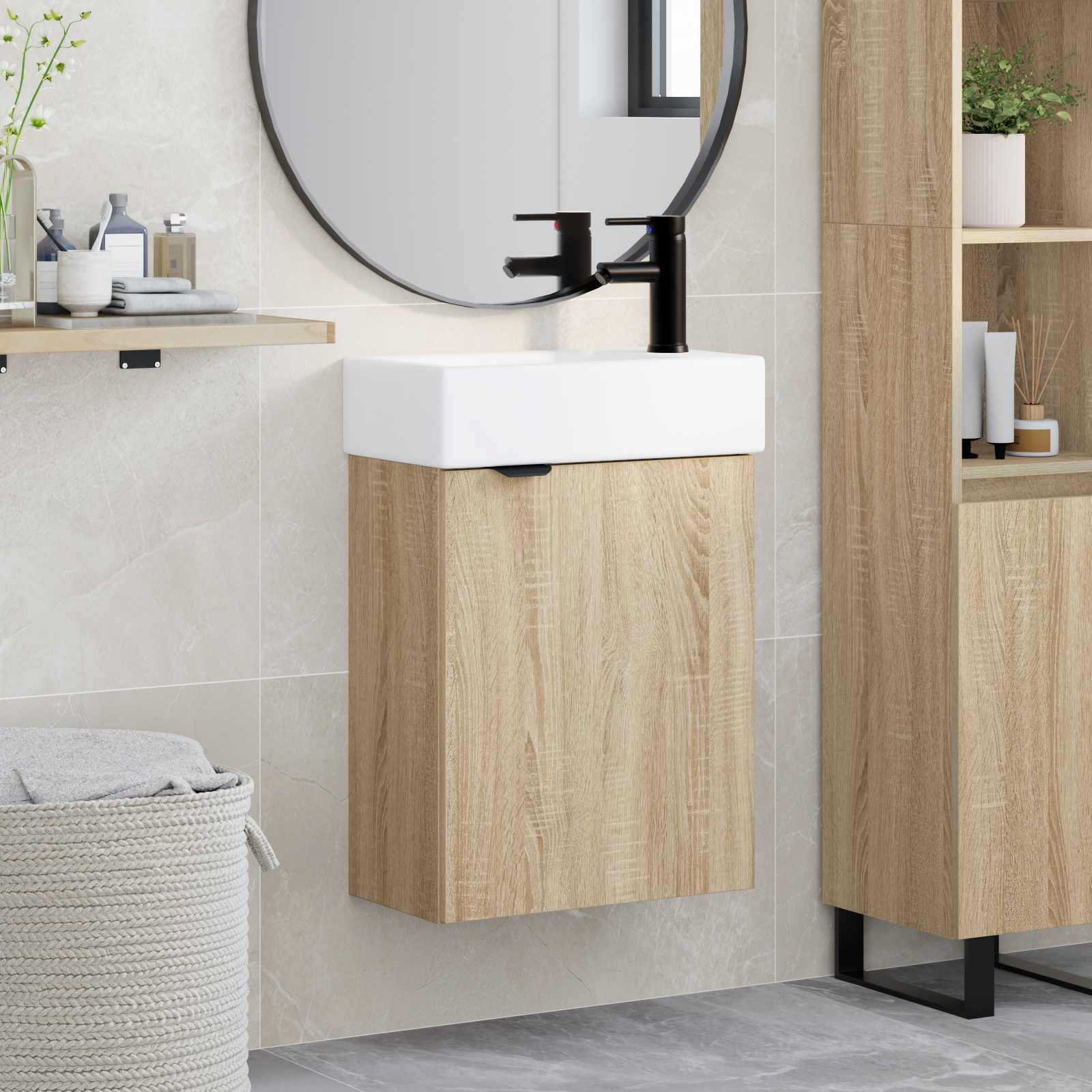 Badrumsspegel med kran Sonoma-ek 45,5 x 22,5 x 84 cm