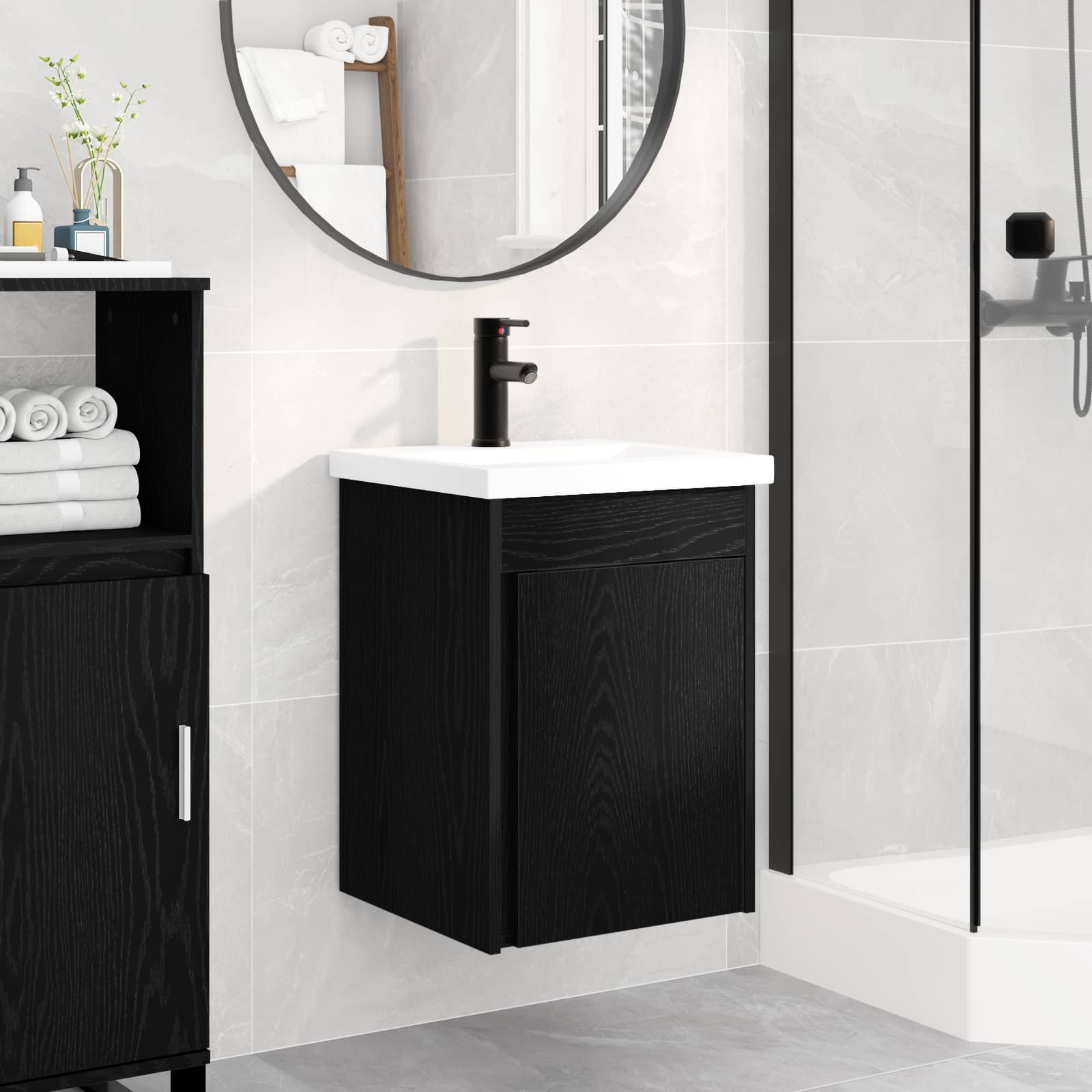 Badrumsspegel med kran Svart ek 42 x 40 x 74,5 cm