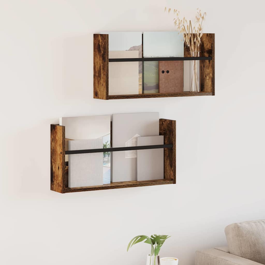 Tidningshylla 2 st Rökt ek 60 x 12 x 30 cm Konstruerat trä