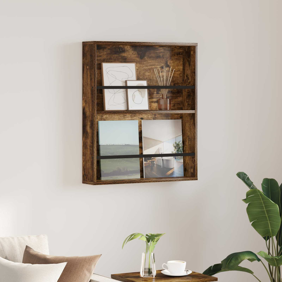 Tidningshylla med hylla Rökt ek 60 x 12 x 70 cm Konstruerat trä