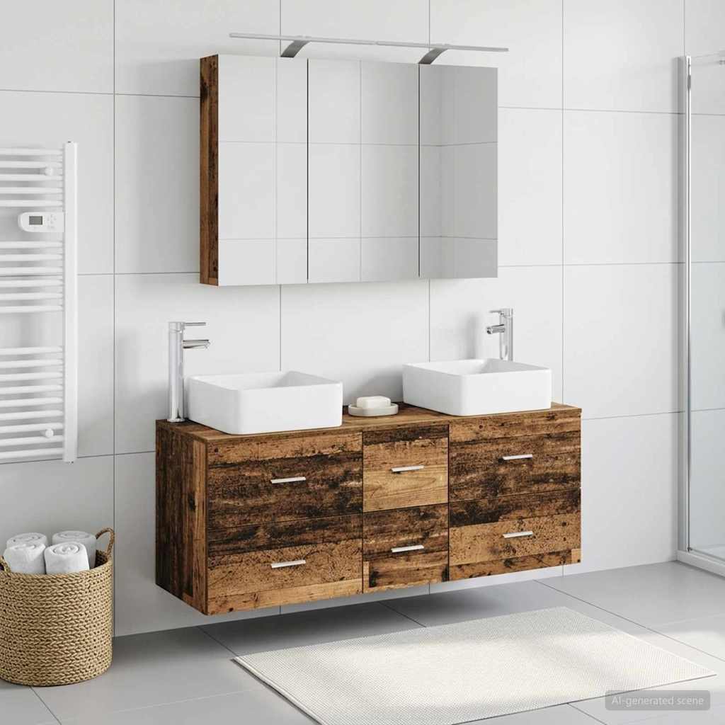 Badrumsmöbelset 4 pcs Gammalt trä Konstruerat trä och glas