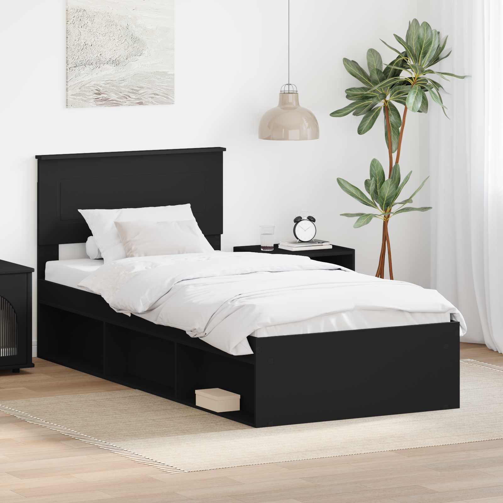 Sängram med huvudgavel Svart 90 x 200 cm Konstruerat trä