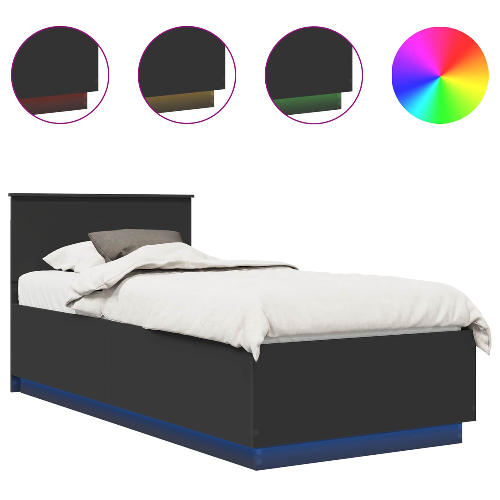 Sängram med LED -remsljus Svart 90 x 200 cm Konstruerat trä