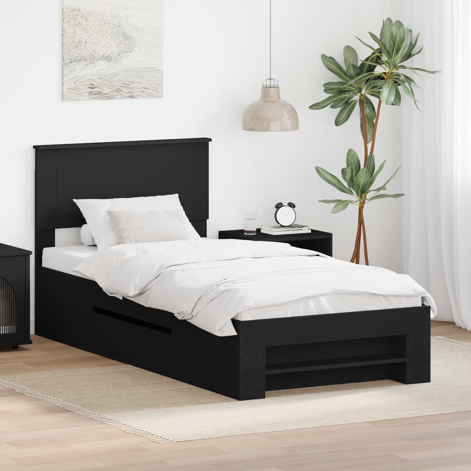 Sängram med huvudgavel Svart 90 x 200 cm Konstruerat trä