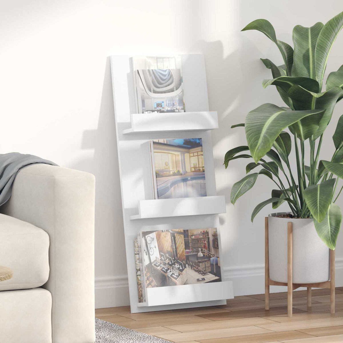 Tidningshylla med hylla Vit 43 x 11 x 102 cm Konstruerat trä