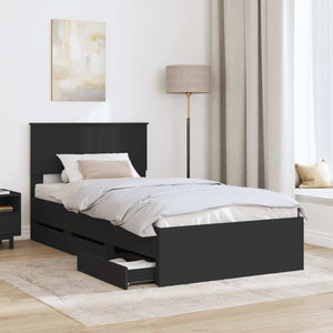 Sängram med låda med huvudgavel Svart 100 x 200 cm Ingenjörsträ