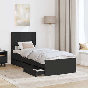 Sängram med låda med huvudgavel Svart 75 x 190 cm Ingenjörsträ