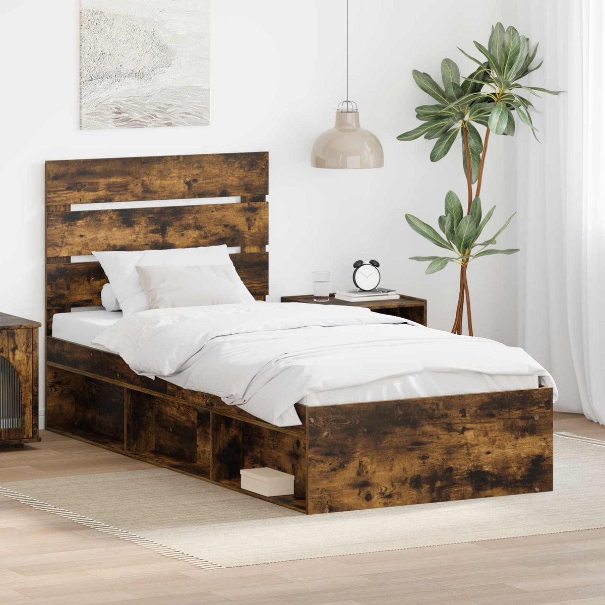 Sängram med huvudgavel Rökt ek 90 x 200 cm Massiv furu