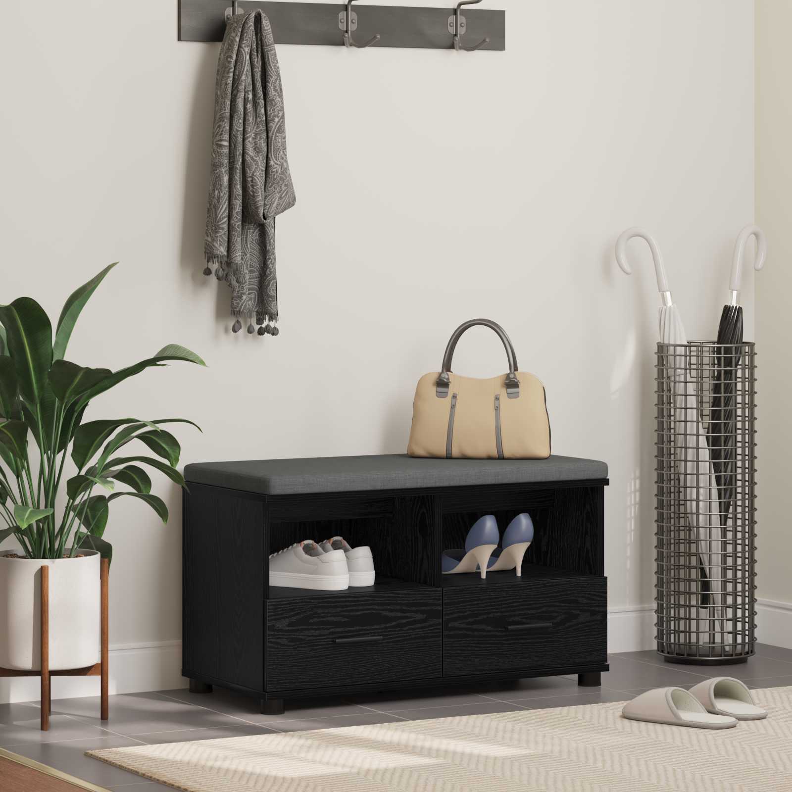Hallbänk Svart Ek 80 x 38 x 46 cm Konstruerat Trä och Tyg