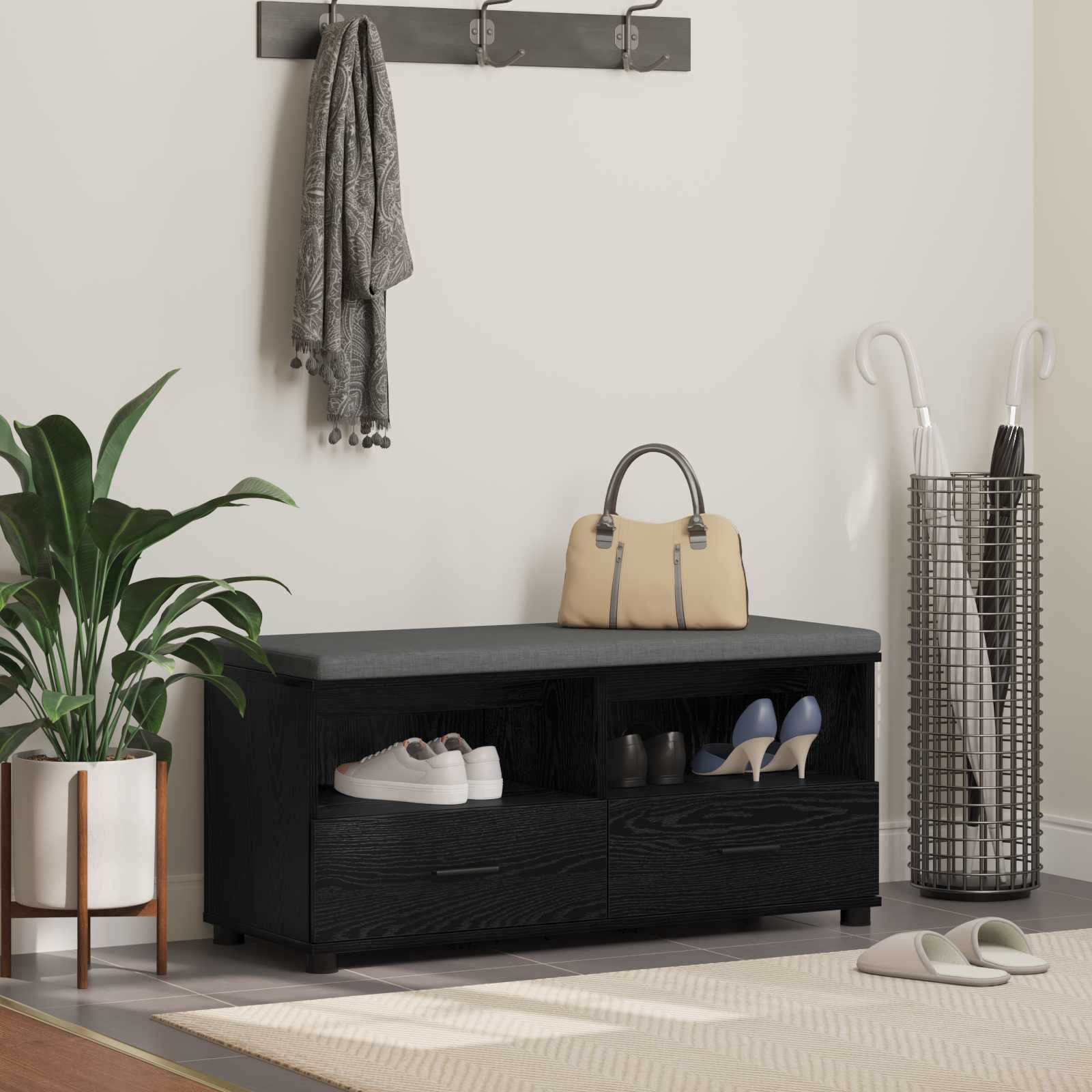 Hallbänk Svart Ek 100 x 38 x 46 cm Konstruerat Trä och Tyg