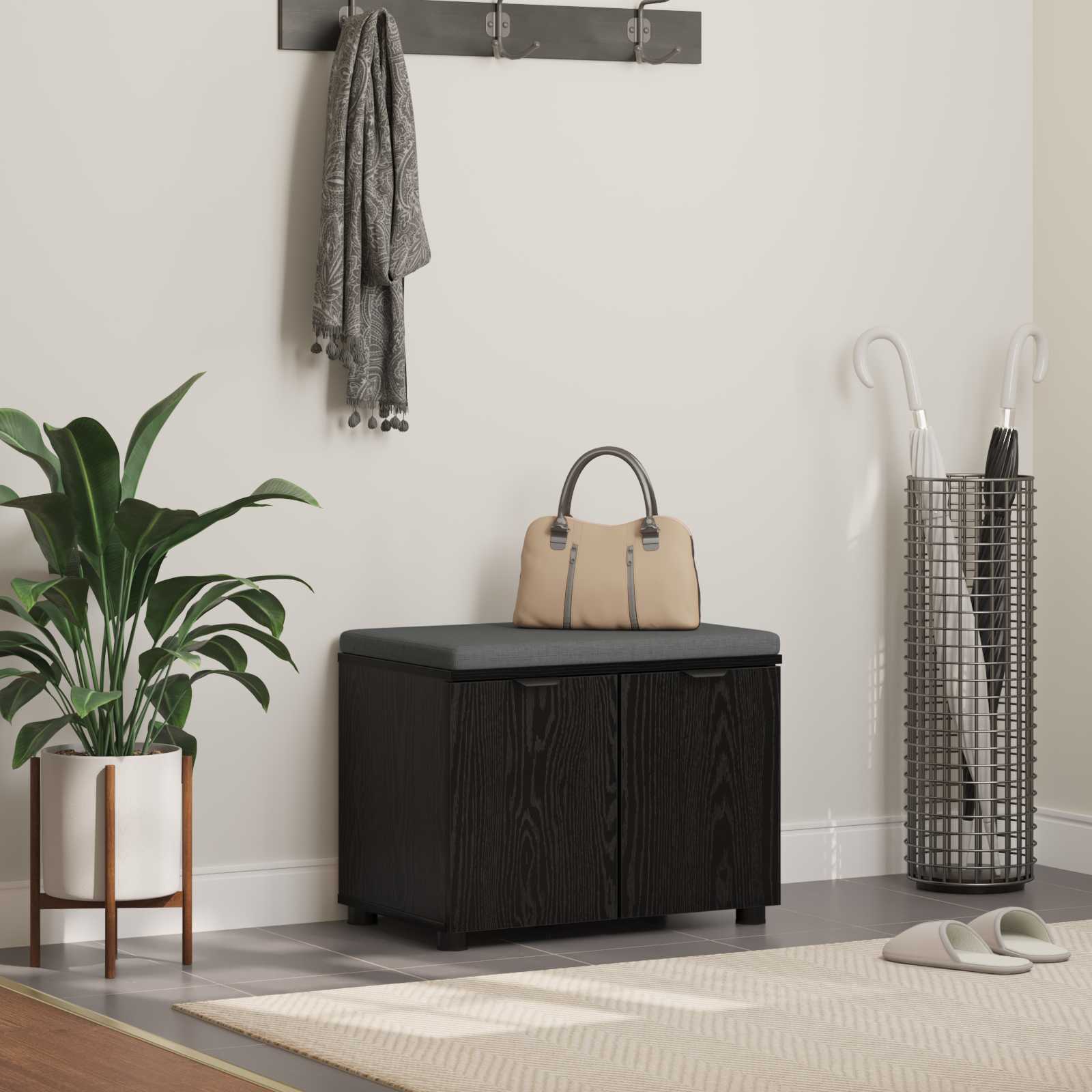 Hallbänk Svart Ek 60 x 38 x 46 cm Konstruerat Trä och Tyg