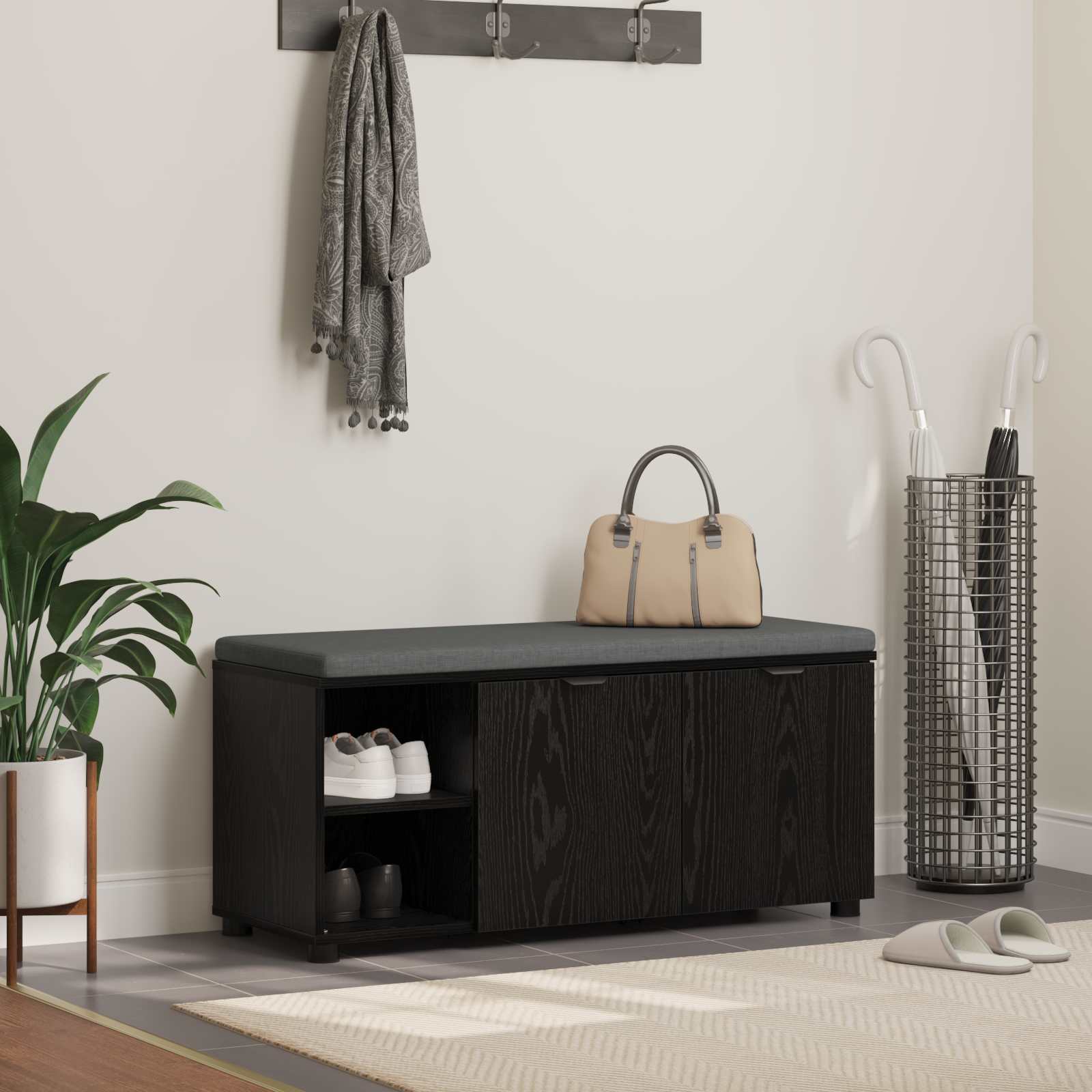 Hallbänk Svart Ek 100 x 38 x 46 cm Konstruerat Trä och Tyg