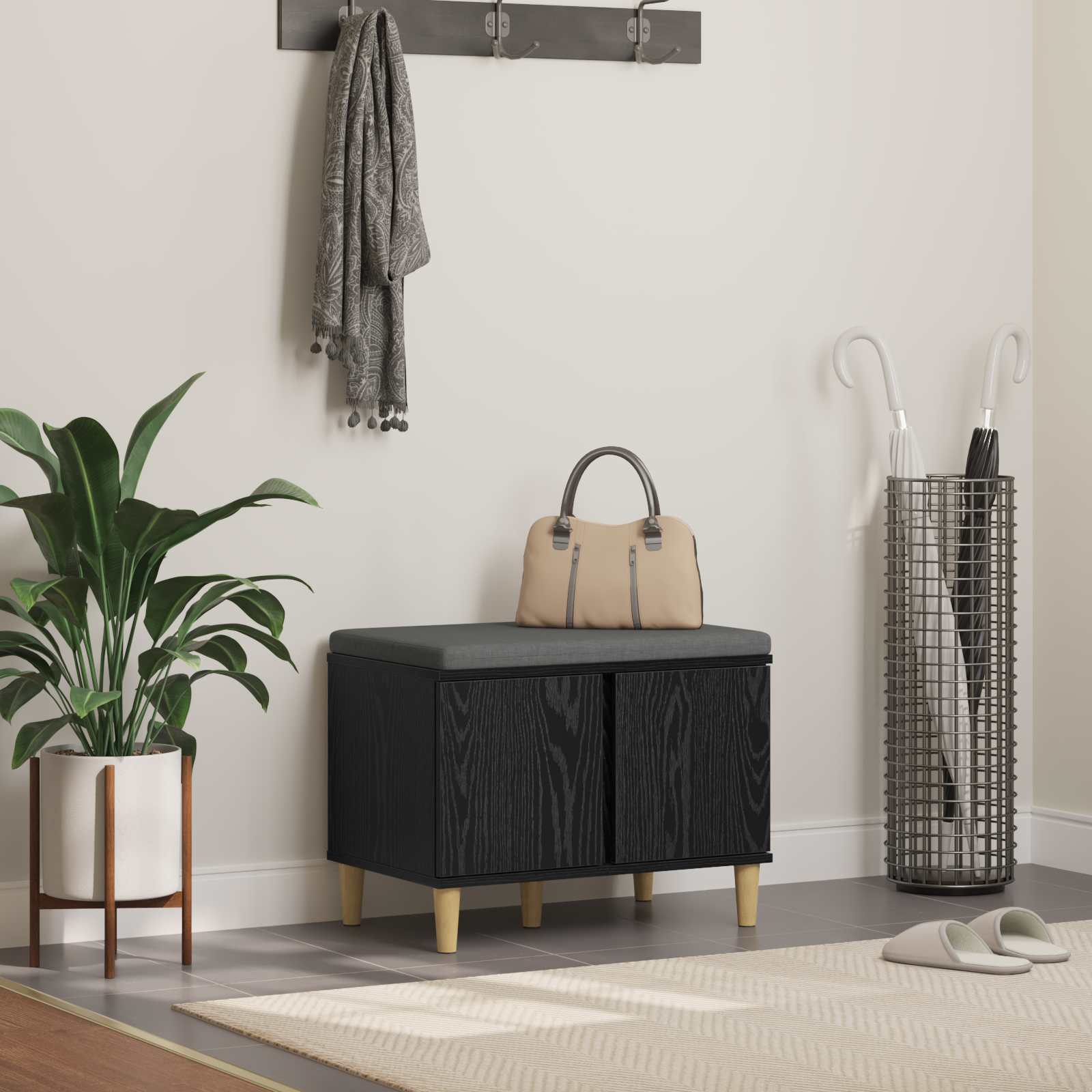 Hallbänk Svart Ek 60 x 38 x 46 cm Konstruerat Trä och Tyg