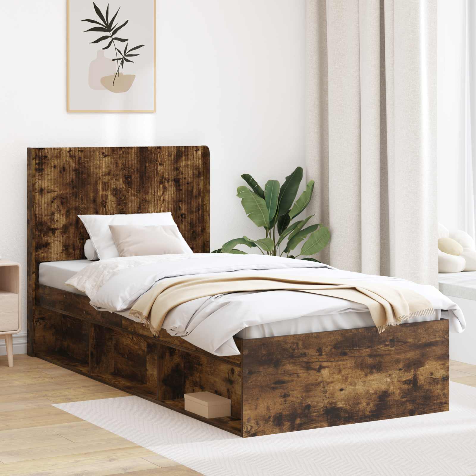 Sängram med förvaring och huvudgavel Rökt ek 90 x 200 cm
