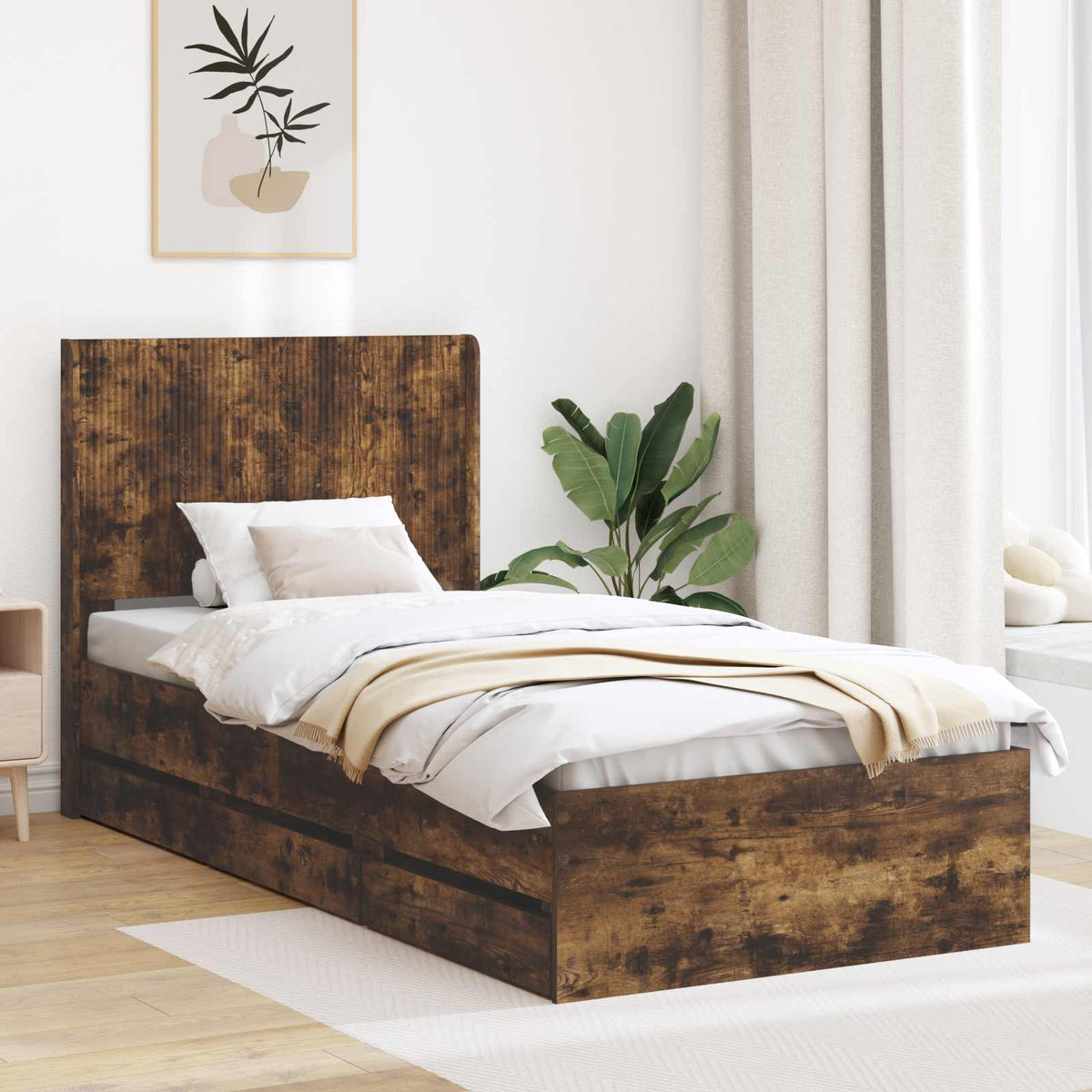 Sängram med förvaring och huvudgavel Rökt ek 75 x 190 cm