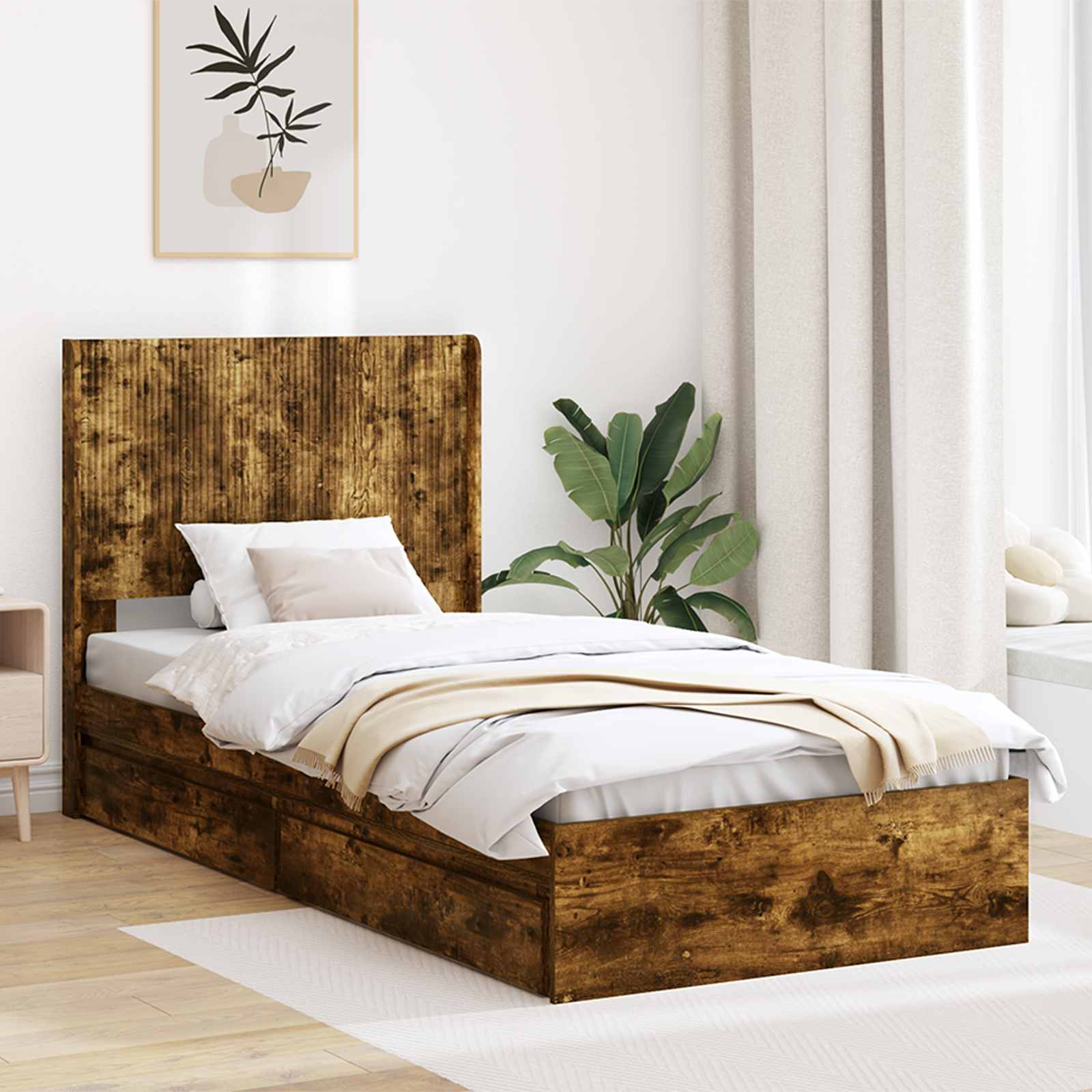 Sängram med förvaring och huvudgavel Rökt ek 90 x 190 cm