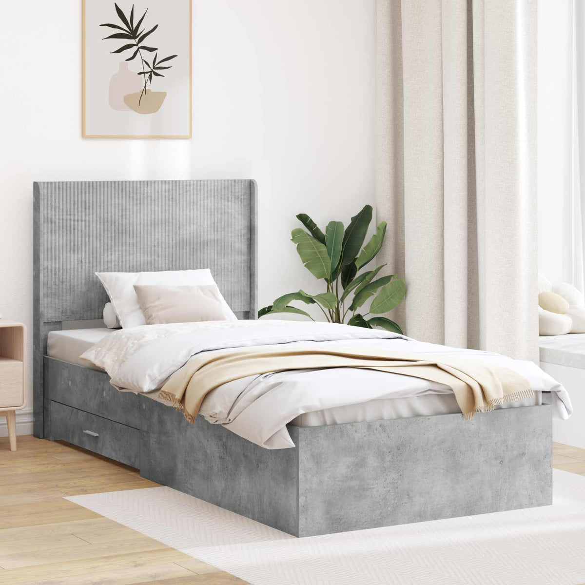 Sängram med förvaring och huvudgavel Betonggrå 90 x 190 cm
