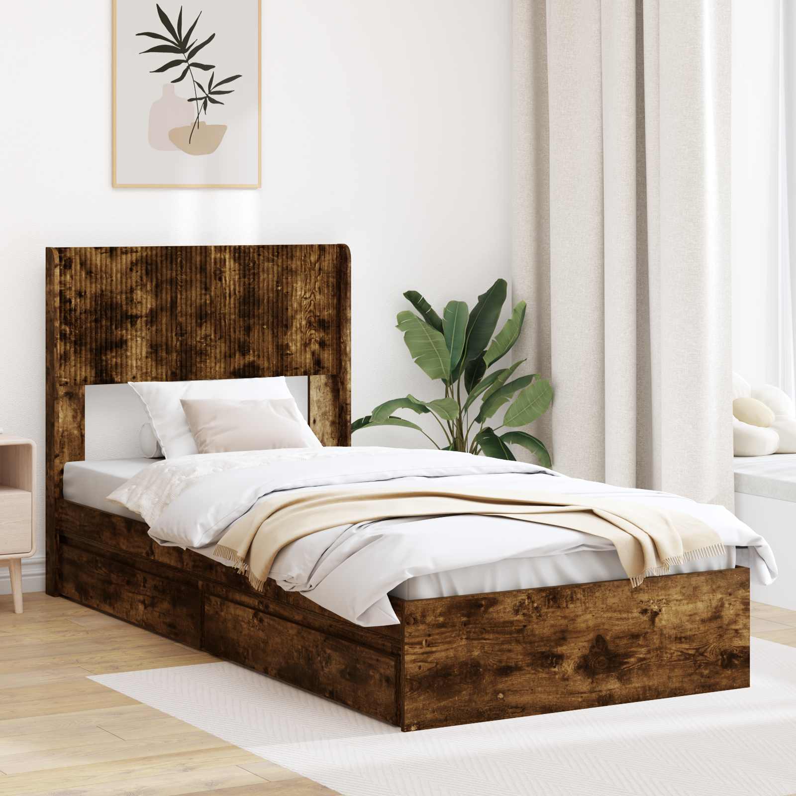 Sängram med förvaring och huvudgavel Rökt ek 75 x 190 cm