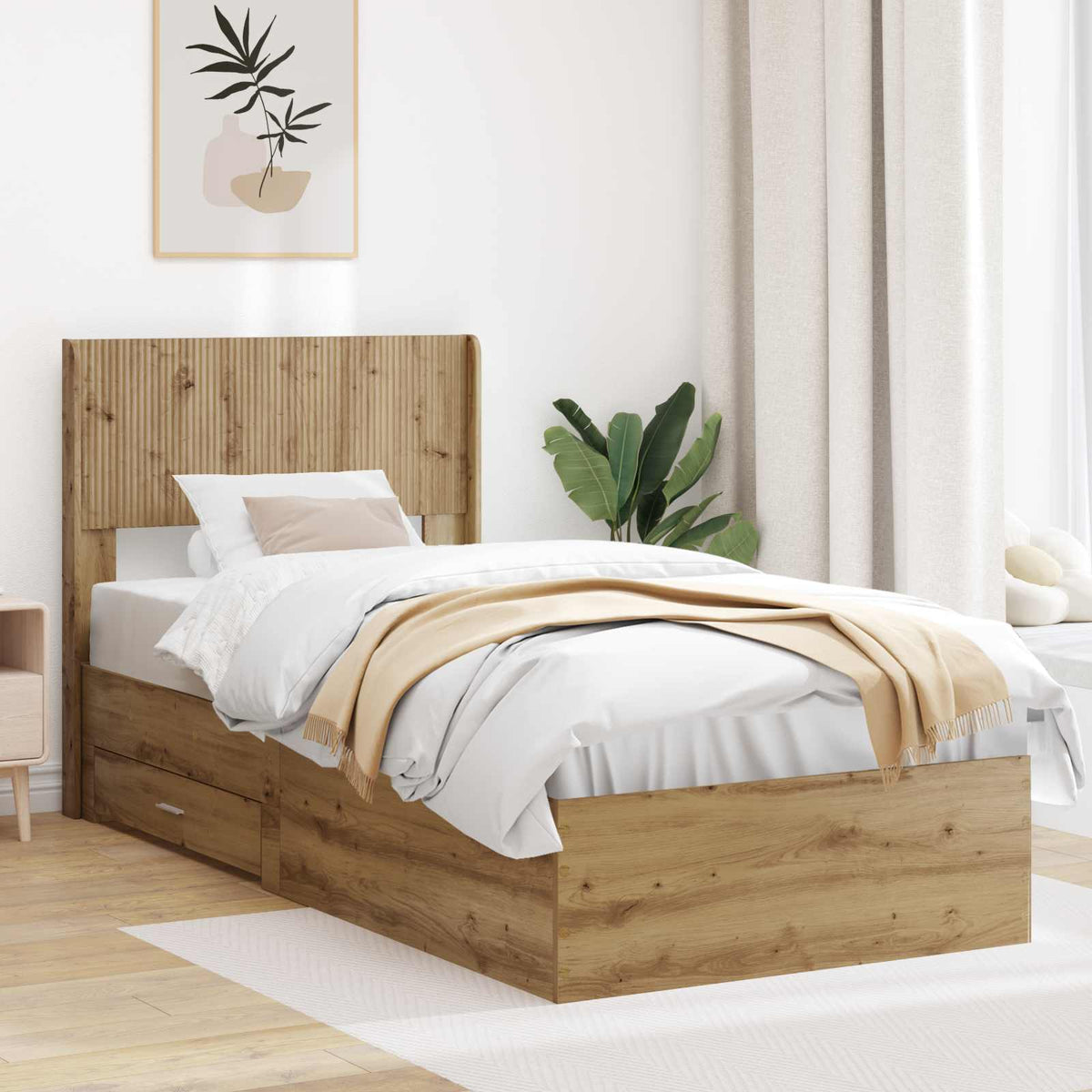 Sängram med förvaring och huvudgavel Artisan-ek 90 x 190 cm