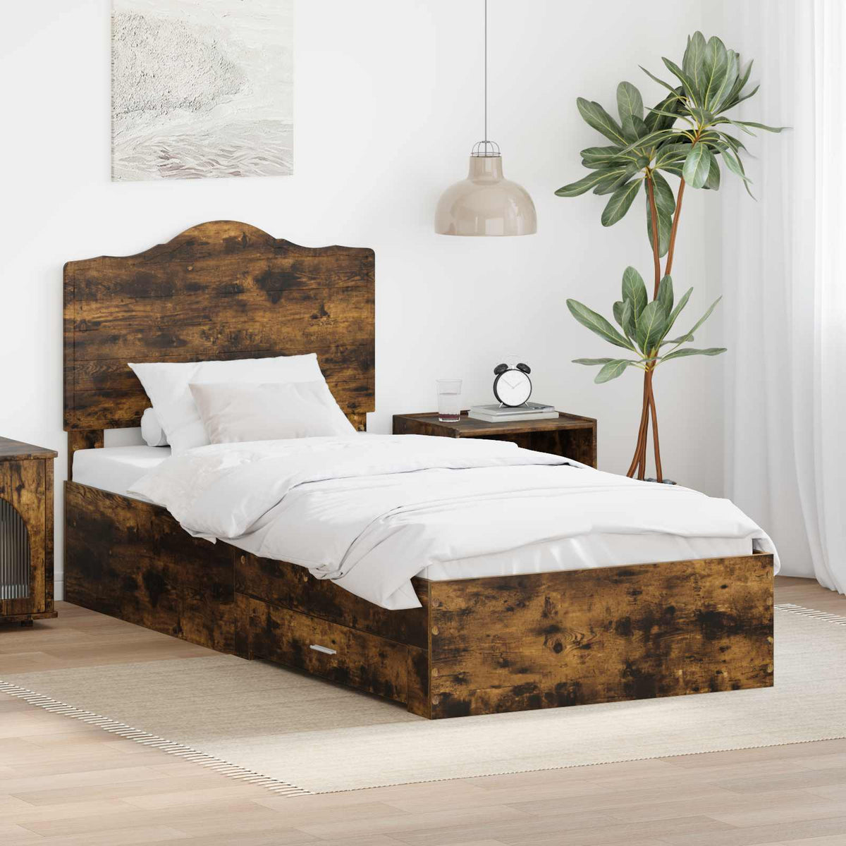 Sängram med låda Rökt ek 90 x 190 cm Konstruerat trä