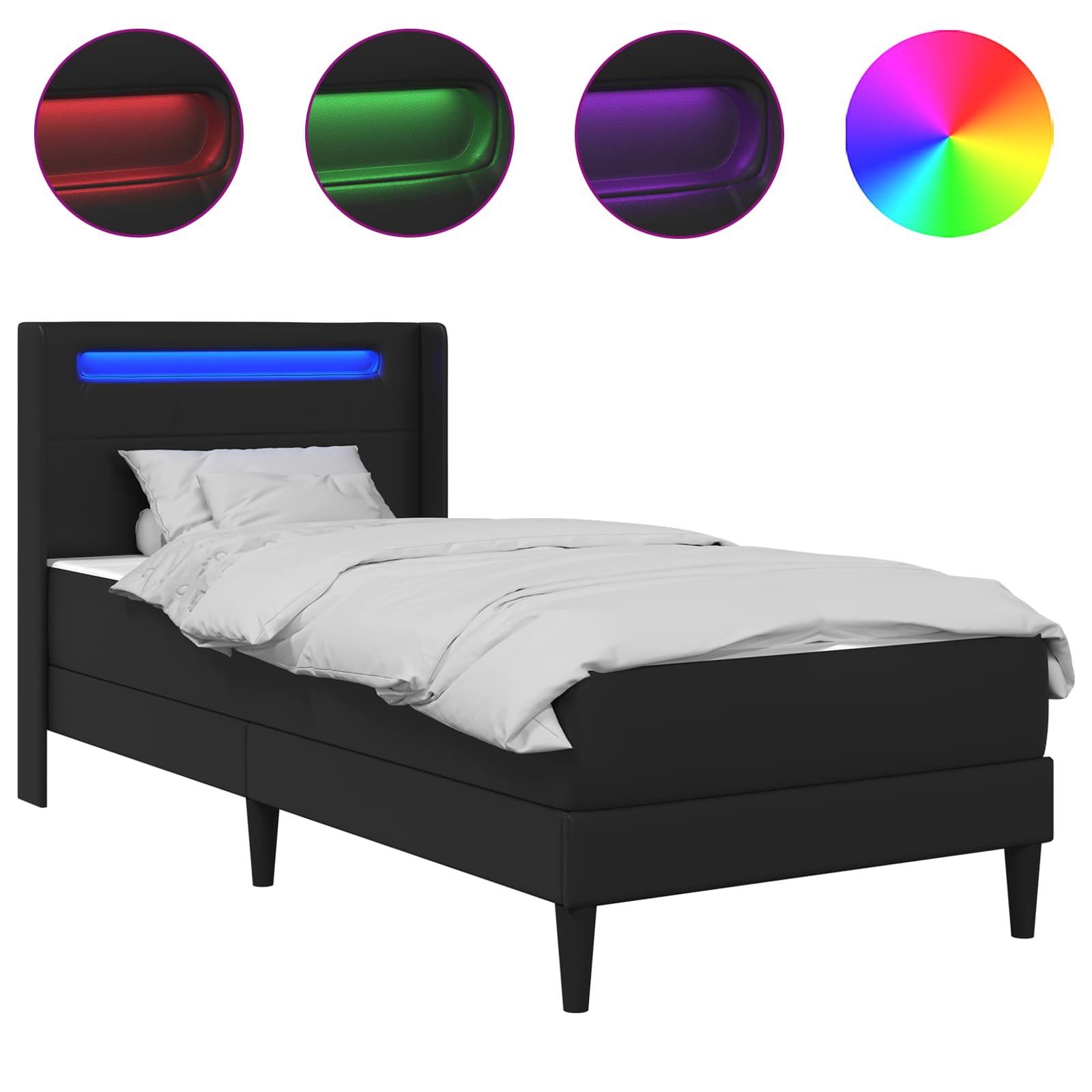 Sängram med LED-ljusslingor Svart 90 x 190 cm Konstläder