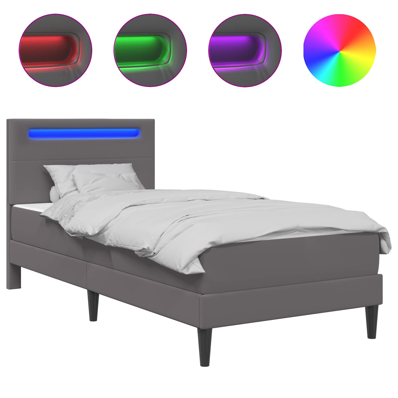 Sängram med LED-ljusslingor Grå 90 x 190 cm Konstläder