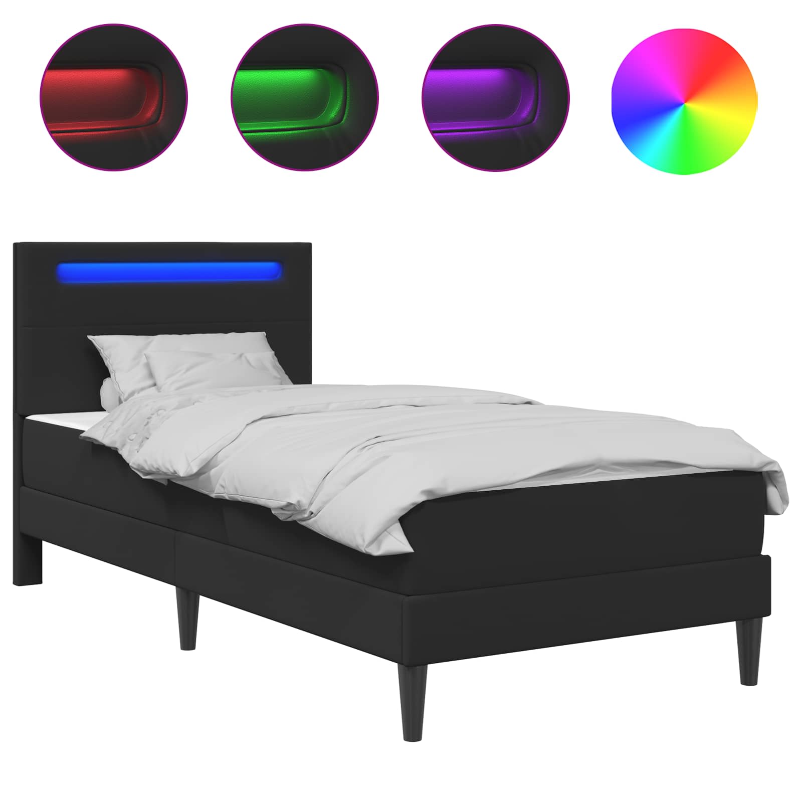 Sängram med LED-ljusslingor Svart 90 x 190 cm Konstläder