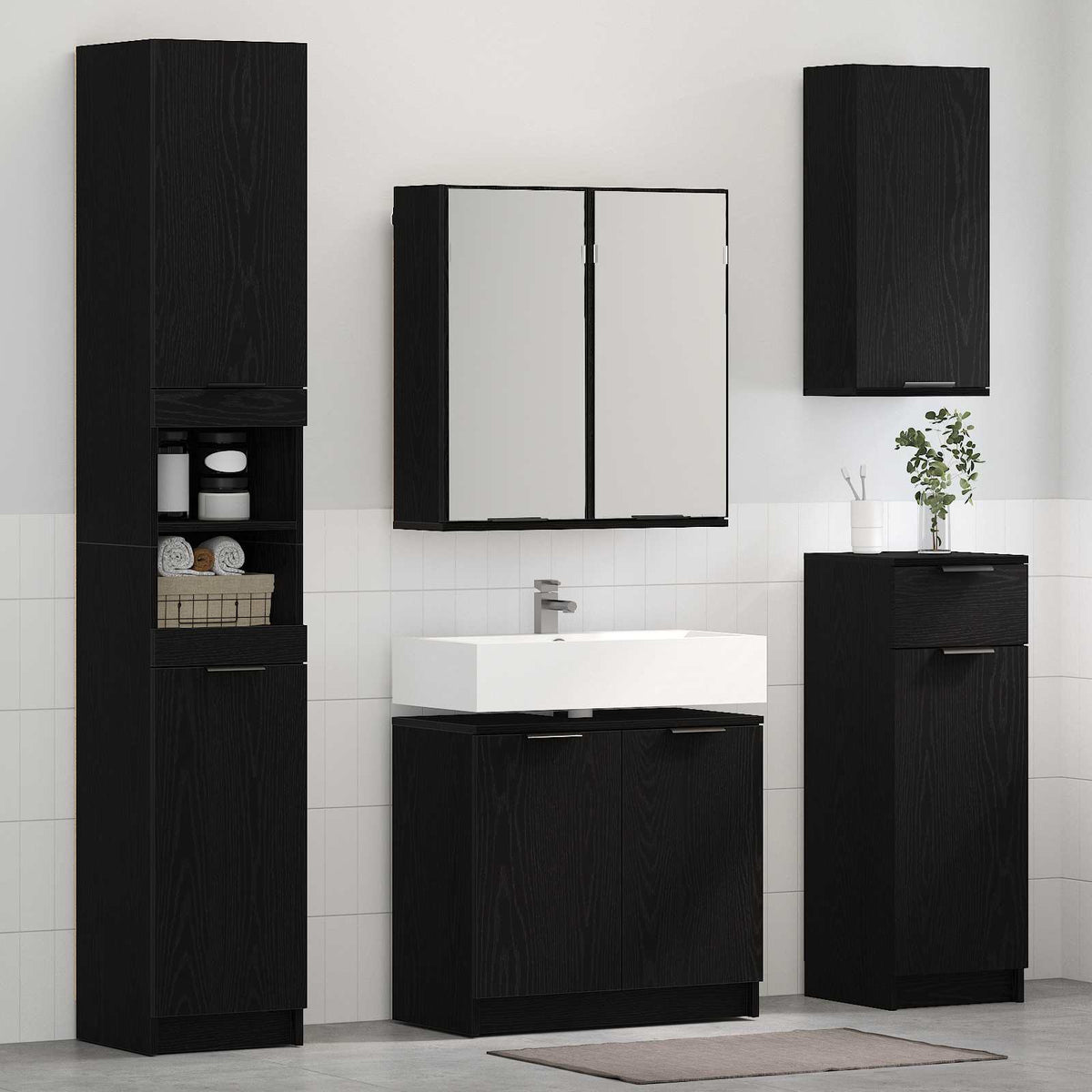 Badrumsmöbelset 4 st Svart Ek 64,5 x 33,5 x 59 cm