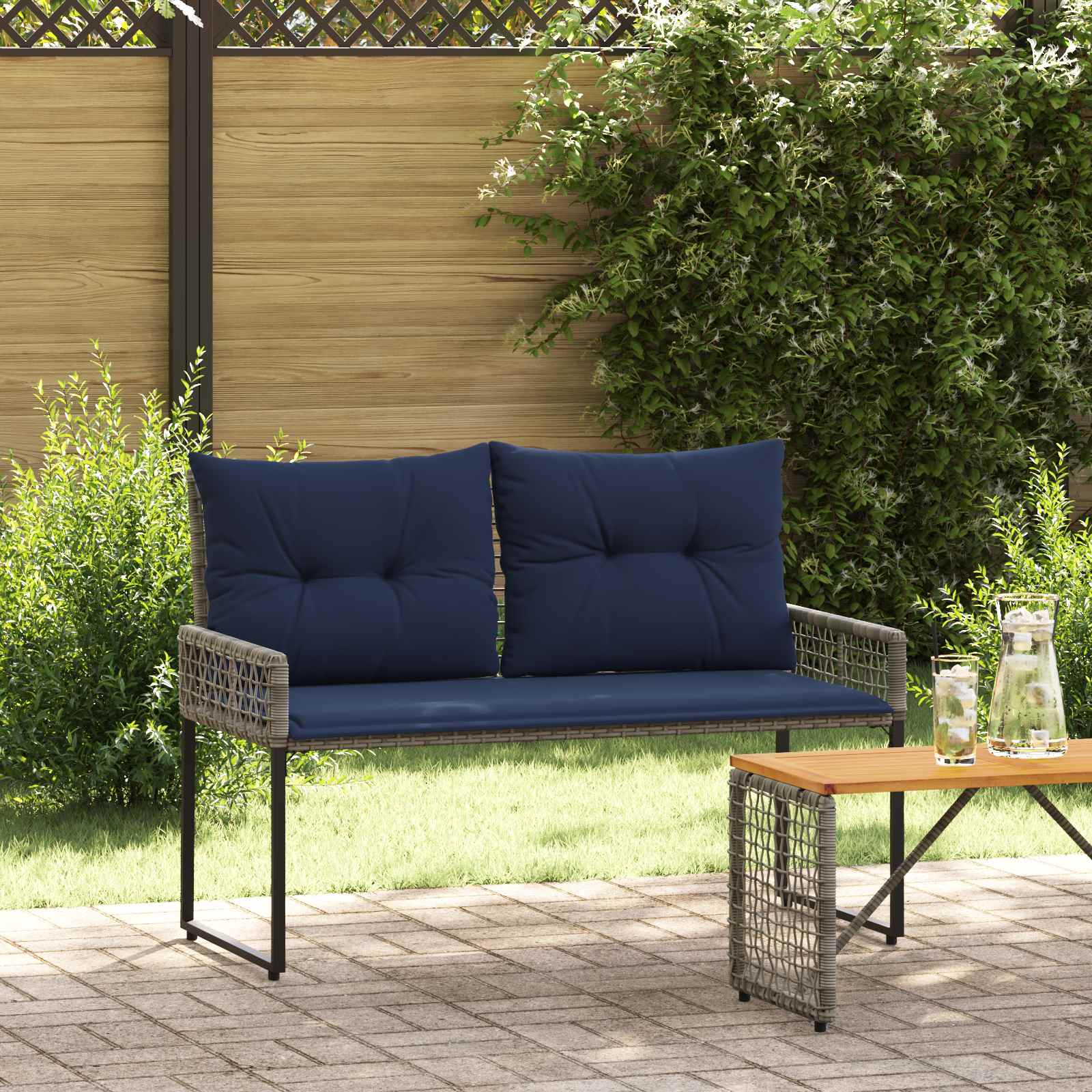Utomhusbänk Grå och Marin 118 x 55 x 82 cm PE Rattan och Tyg