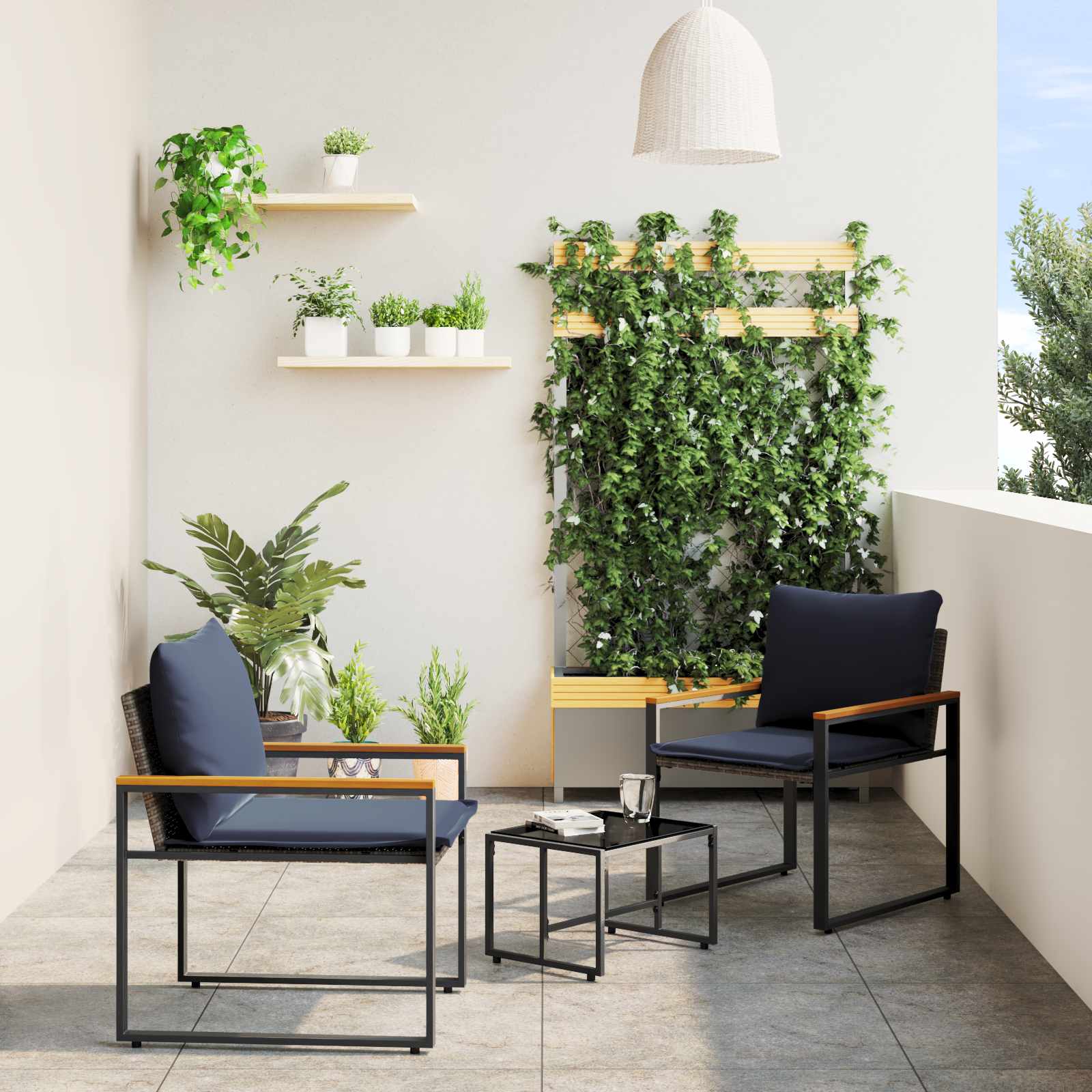 Möbelset med kudde 3 pcs Grå och Marinblå Rotting