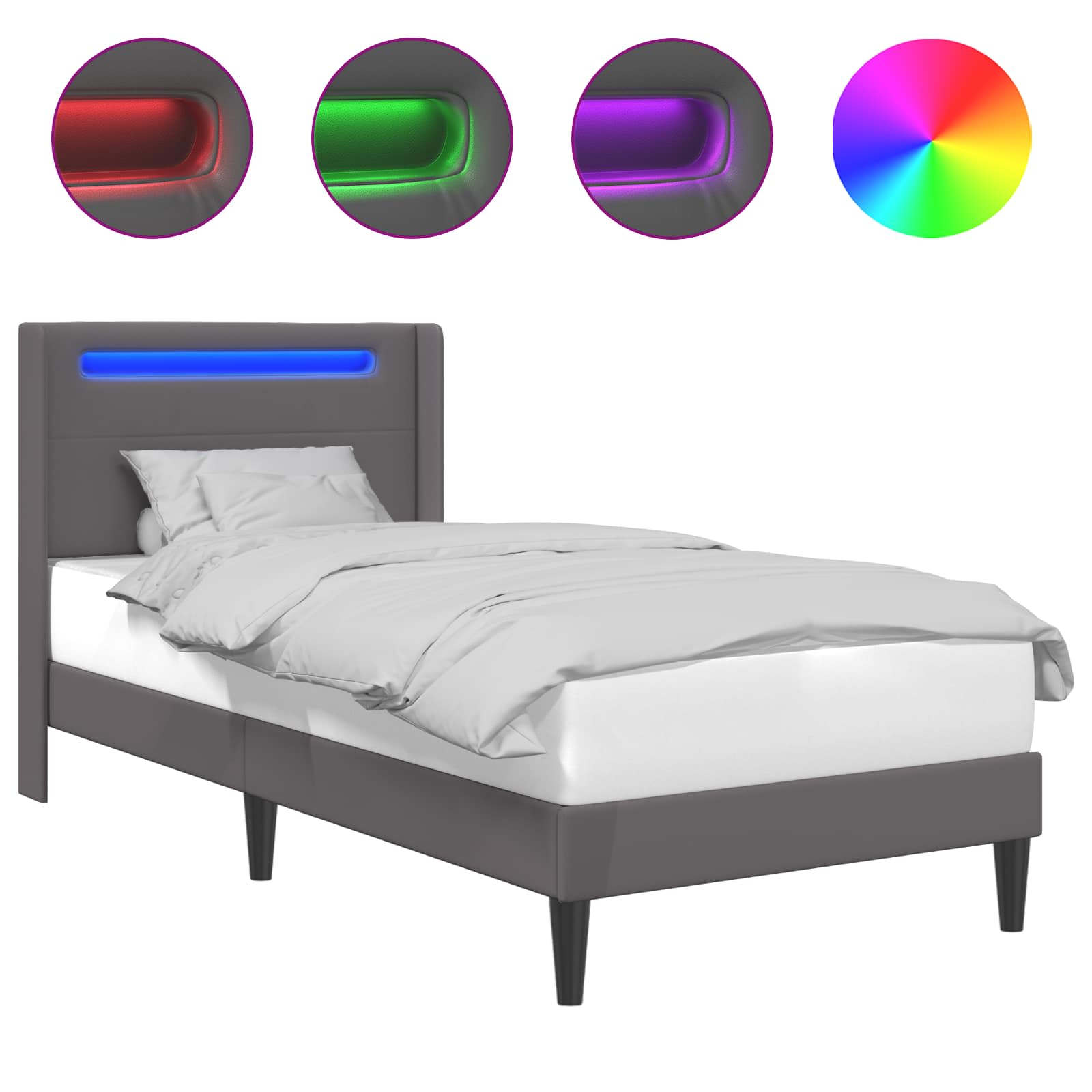Sängram med LED-ljusslingor Grå 90 x 200 cm Konstläder