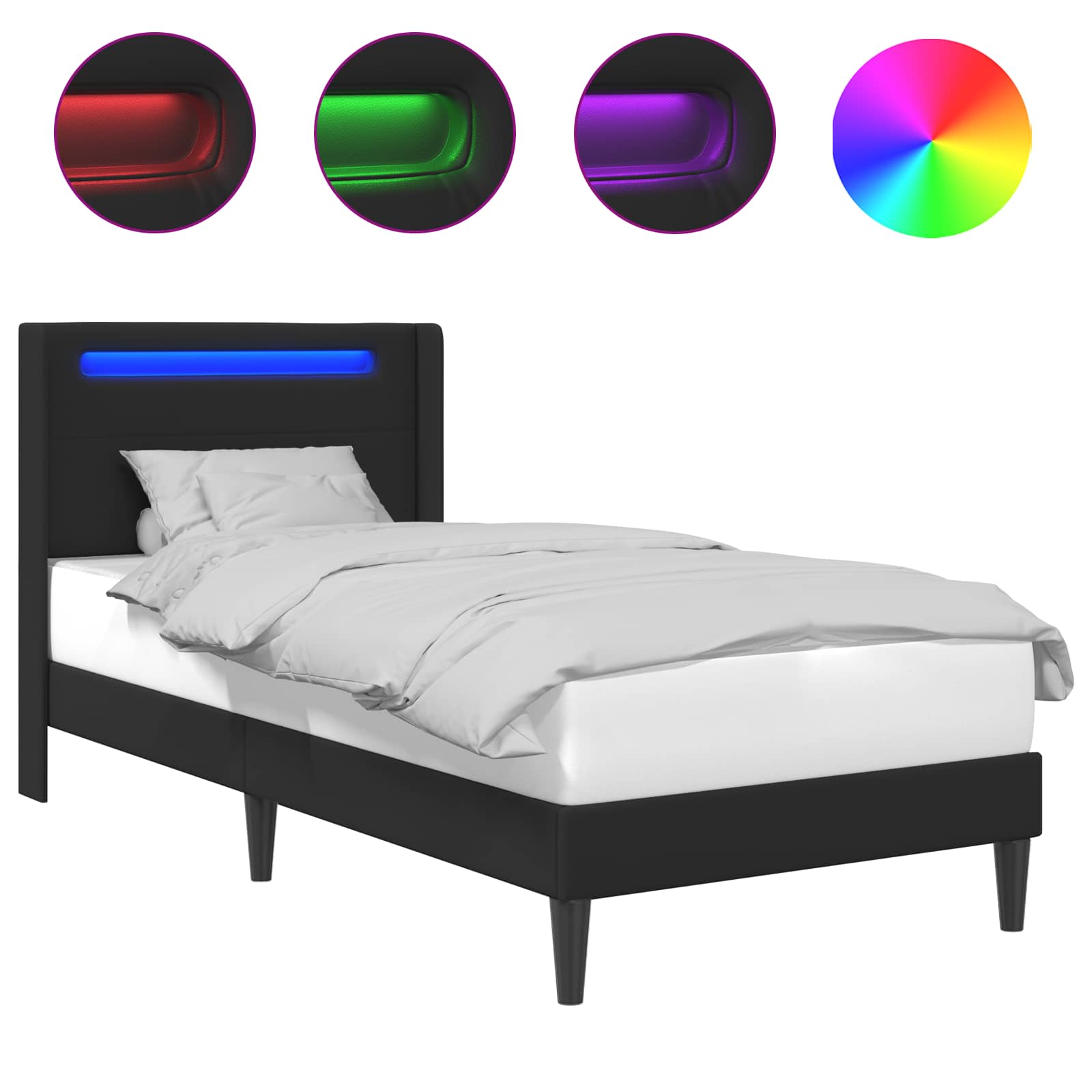Sängram med LED-ljusslingor Svart 90 x 200 cm Konstläder
