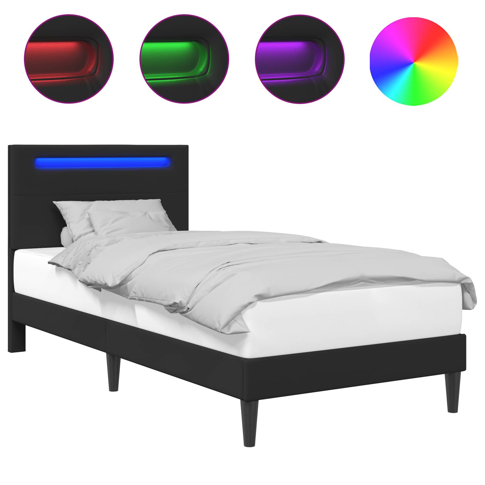 Sängram med LED-ljusslingor Svart 90 x 200 cm Konstläder