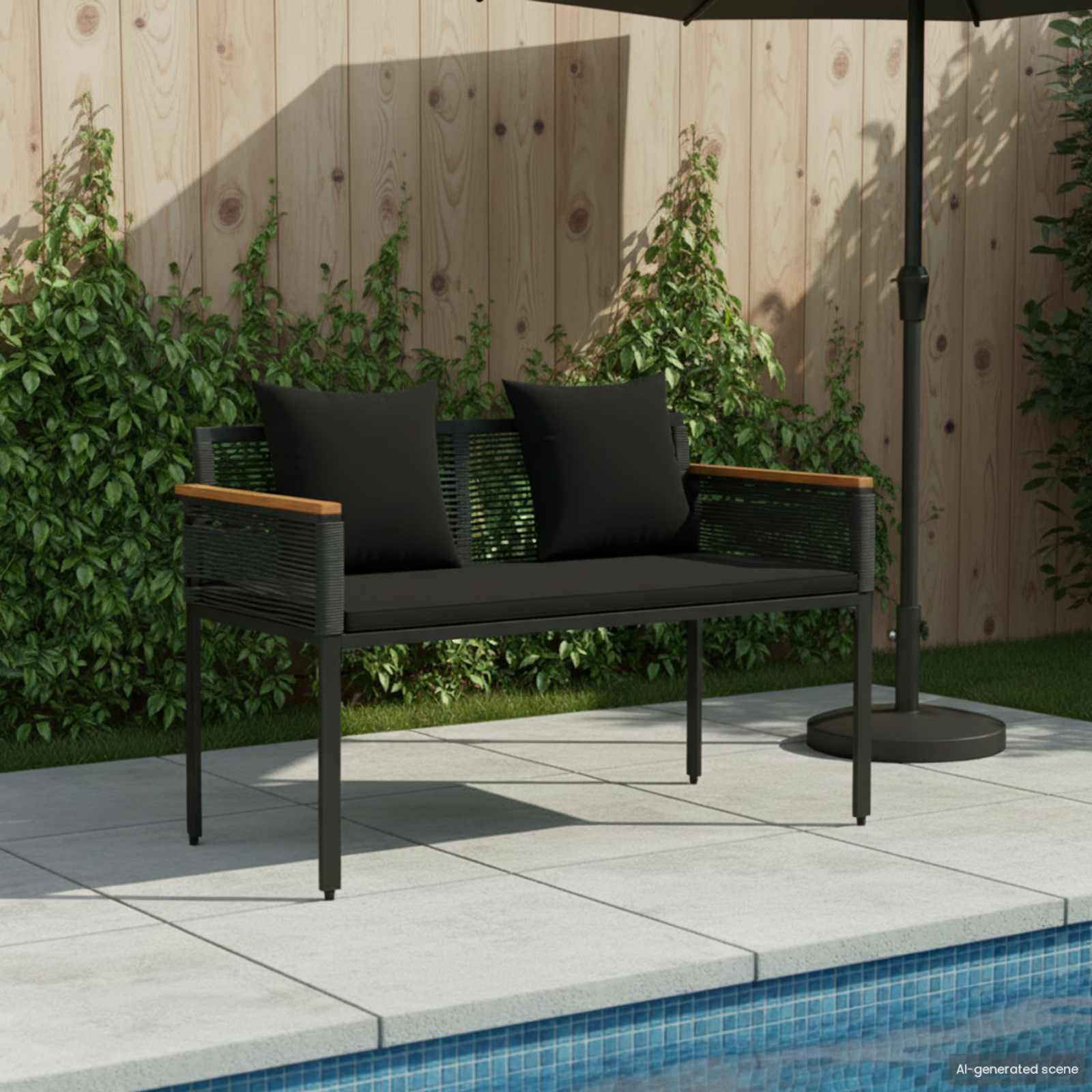 Utomhusbänk med kudde Svart 117 x 54 x 74.5 cm konstrotting