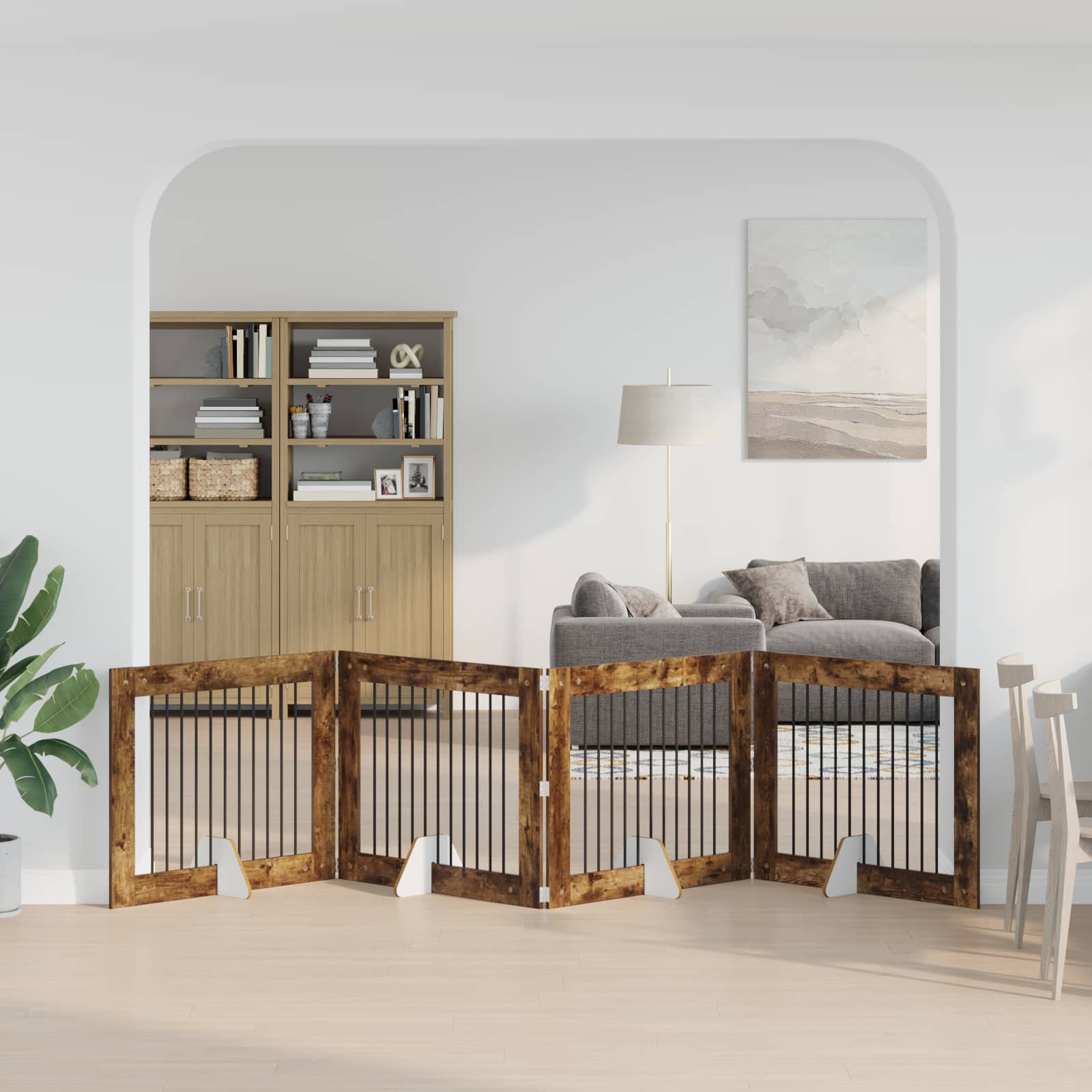 Fällbar hundgrind med stativ 4 pcs Rökt ek 401 cm