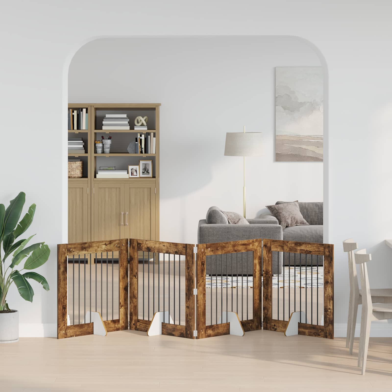 Fällbar hundgrind med stativ 4 pcs Rökt ek 321 cm