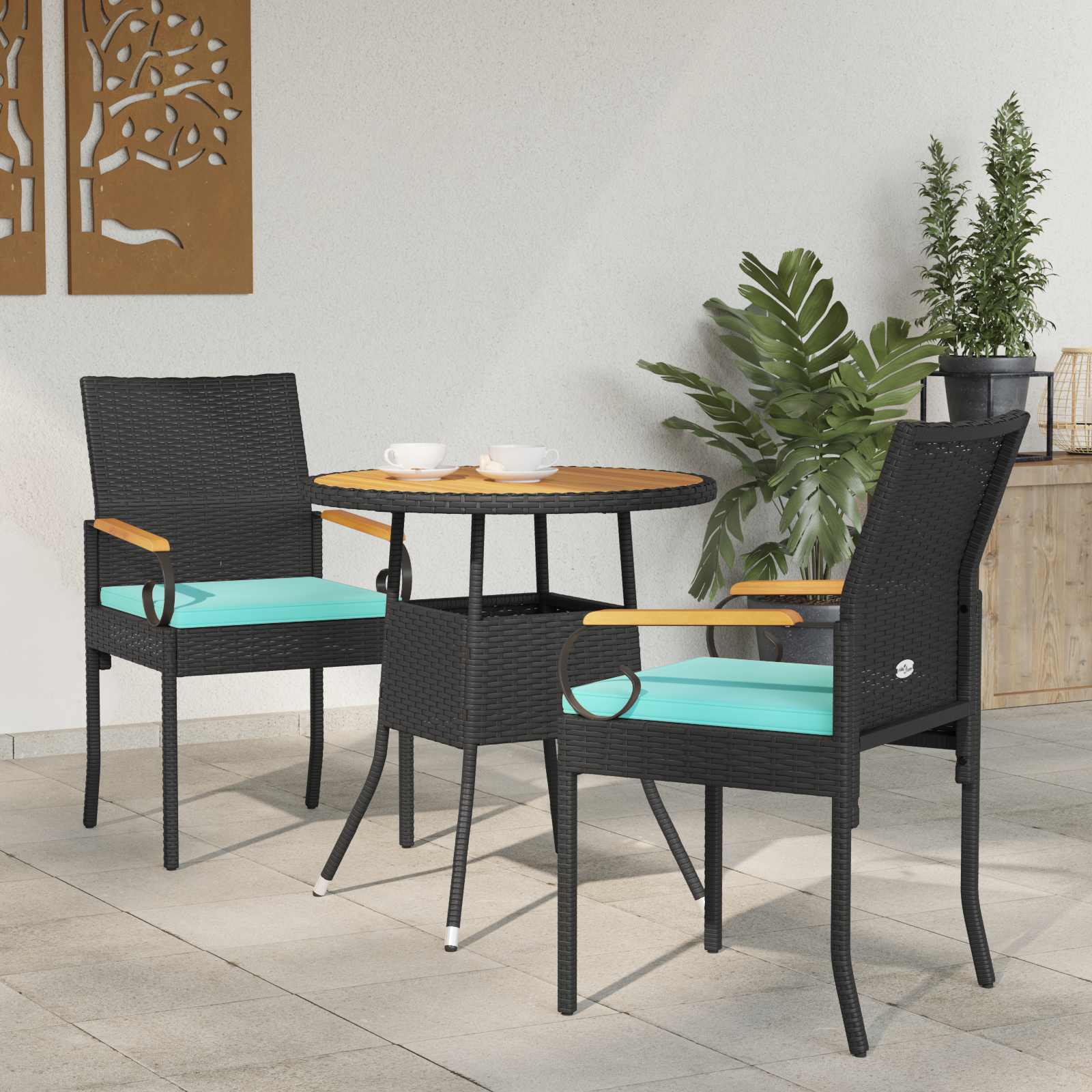 Trädgårdsstolar 2 pcs Svart och turkos Poly Rattan och Akacia