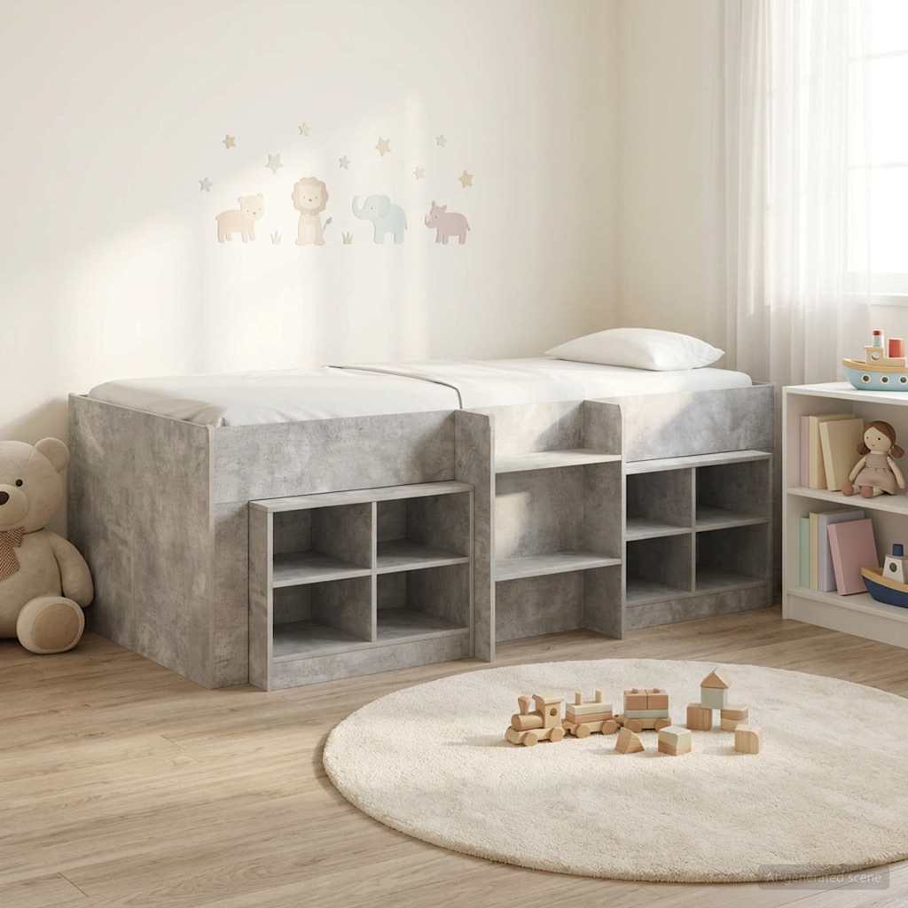 Loft sängram med skåp med hylla 3 st Betonggrå Konstruerat trä