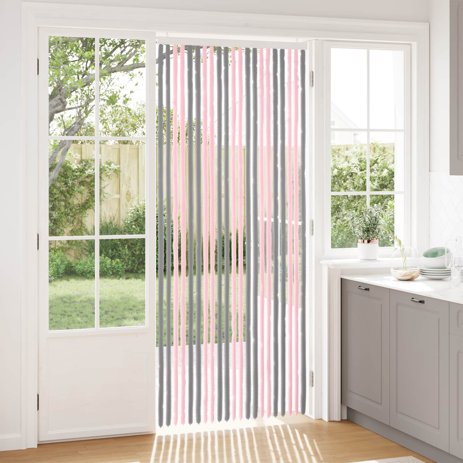 Insektsgardin Chenille Silvergrå och Rosa 90 x 220 cm 100% PP